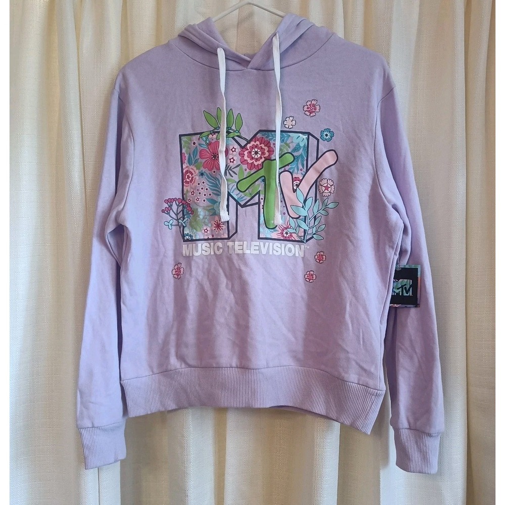 NWT MTV Juniors' Lavender/Floral Logo Long Sleeve Hoodie Size M